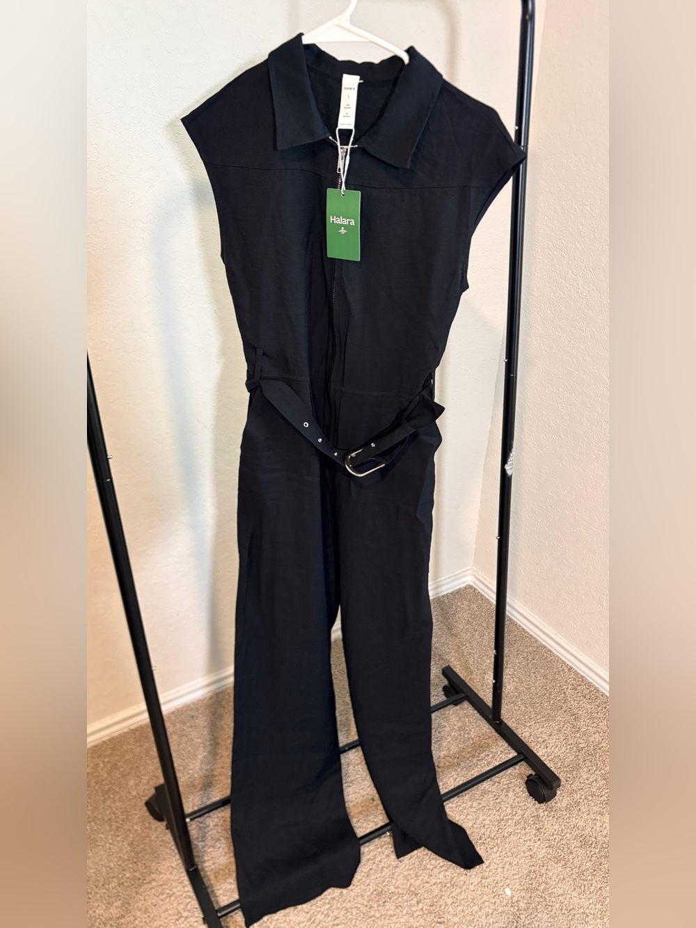 Halara Black Notched Collar Sleeveless Side Pocket Belted Tapered Work Jumpsuit